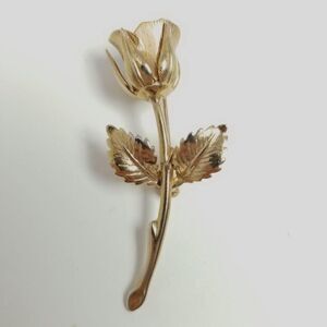 Vintage Long Stem Rose Shape Brooch, Gold Tone Metal Lapel Pin, Estate